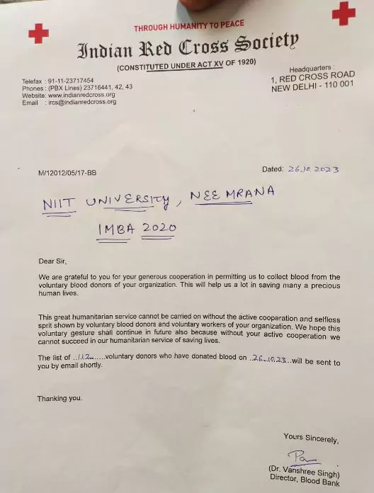 Blood donation camp NIIT University letter